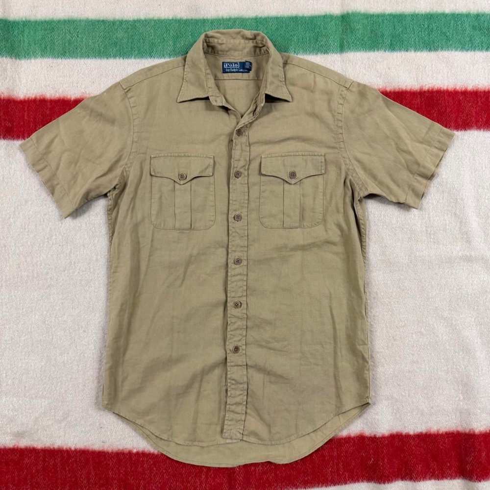 Polo Ralph Lauren Vintage Linen Cotton Military Safari Shirt Khaki Tan Mens M